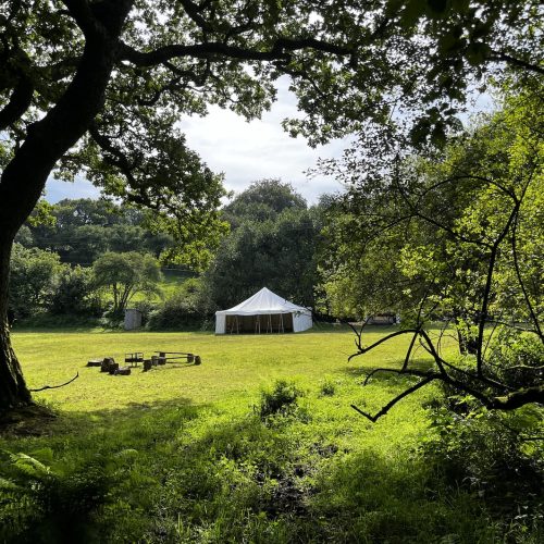 camping field with marquee